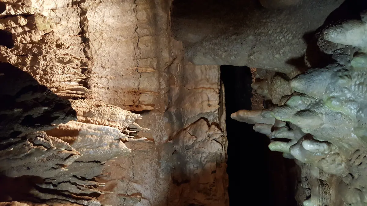 Rock formations inside Bluff Dwellers Cavern, a show cave south of Noel, Missouri.