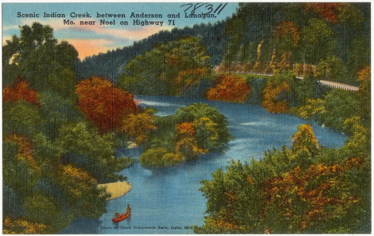 Historic linen postcard: scenic Indian Creek near Noel on U.S. Highway 71, circa 1930–1945.